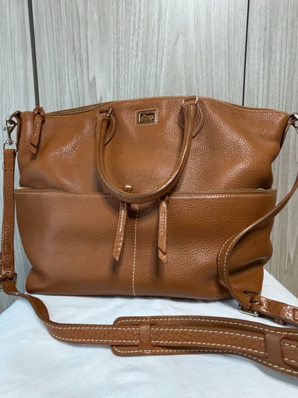 Dooney & Bourke Pebble Leather Large Satchel Tote Crossbody – British Tan/Cognac - Picture 2 of 7